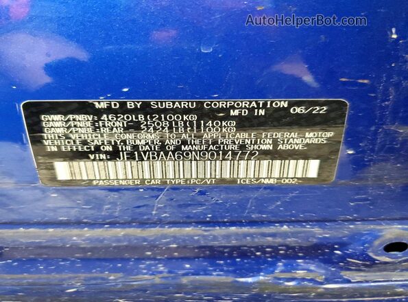 JF1VBAA69N9014772 2022 SUBARU WRX Blue ძრავის განყოფილების ხედი