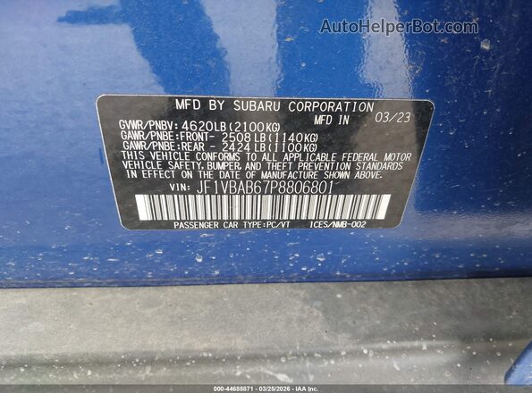 JF1VBAB67P8806801 2023 SUBARU WRX Синий Вид подкапотного пространства