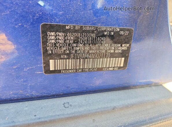 JF1VBAF64N9021170 2022 SUBARU WRX Blue VIN sticker view