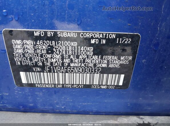 JF1VBAF65N9030332 2022 SUBARU WRX Синий Вид подкапотного пространства