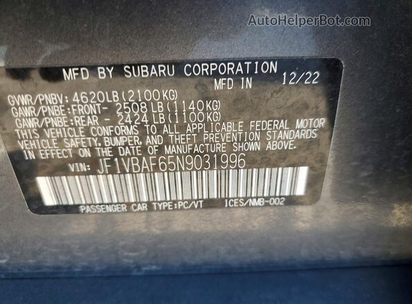 JF1VBAF65N9031996 2022 SUBARU WRX Black Вид підкапотного простору