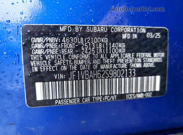 JF1VBAH62S9802133 2025 SUBARU WRX Blue ძრავის განყოფილების ხედი