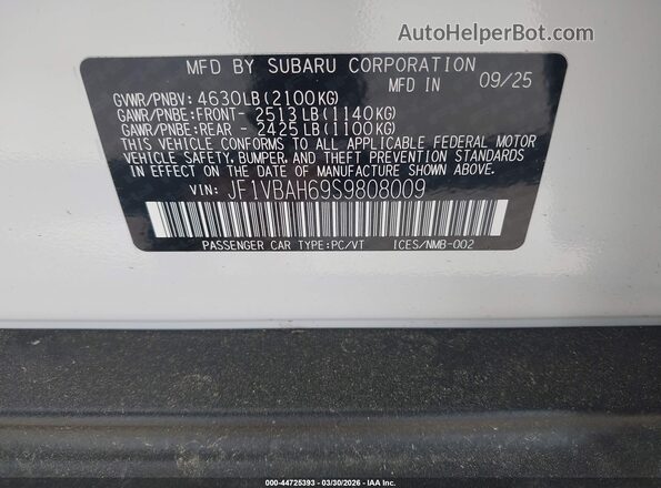 JF1VBAH69S9808009 2025 SUBARU WRX White Շարժիչի բաժամունքի տեսք