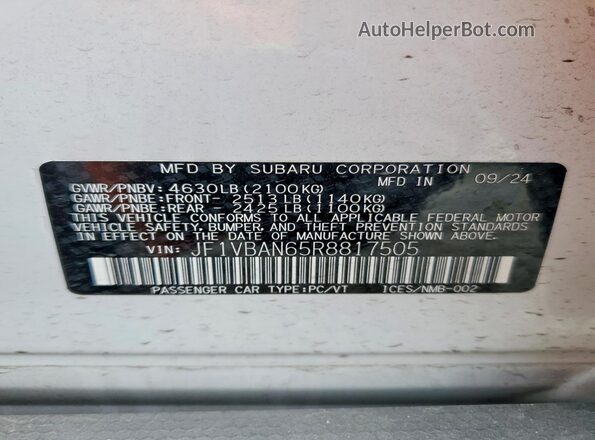 JF1VBAN65R8817505 2024 SUBARU WRX White Вид підкапотного простору