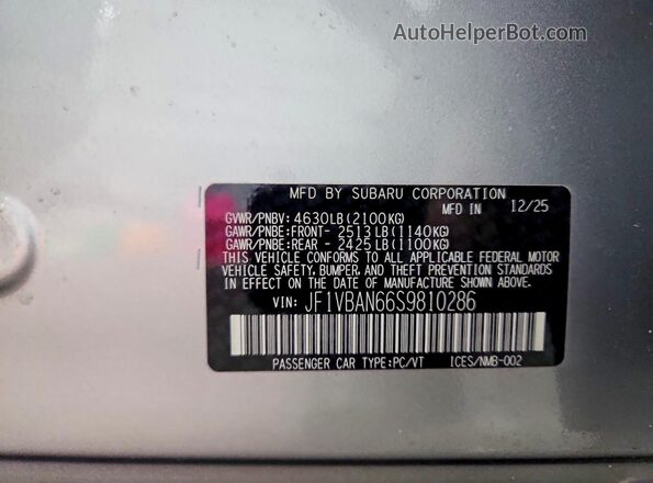 JF1VBAN66S9810286 2025 SUBARU WRX Silver Вид підкапотного простору