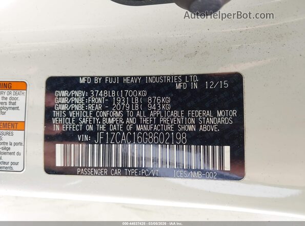 JF1ZCAC16G8602198 2016 SUBARU BRZ White Widok komory silnika