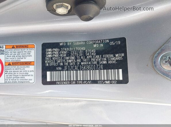JF1ZCAC16K8601724 2019 SUBARU BRZ Silver Vista del compartimento del motor