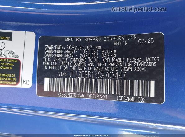 JF1ZDBB13S9703447 2025 SUBARU BRZ Blue Engine compartment view