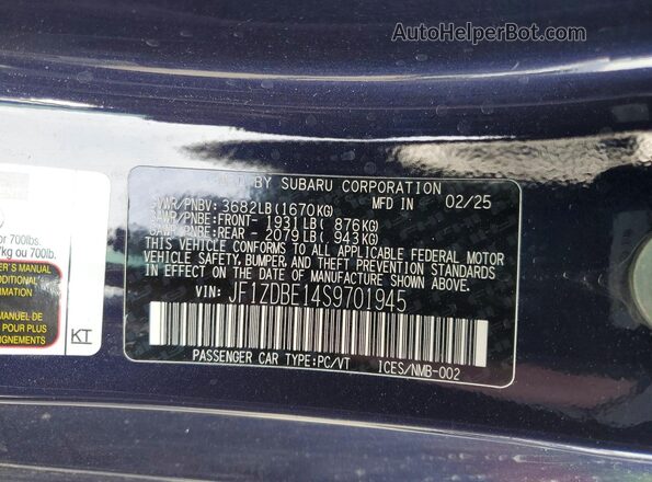 JF1ZDBE14S9701945 2025 SUBARU BRZ Blue Widok naklejki z numerem VIN