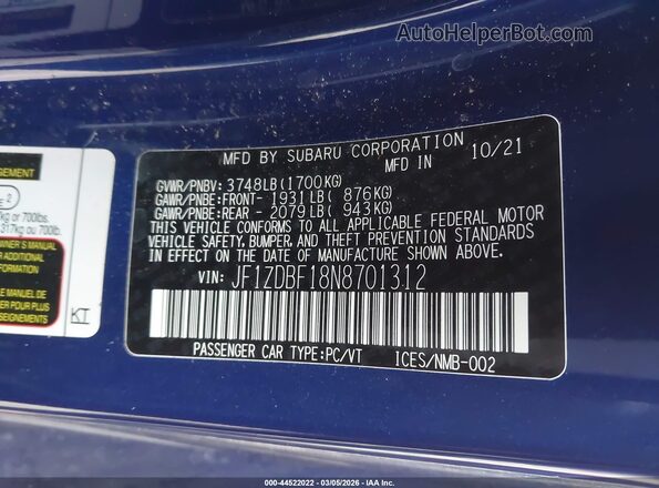 JF1ZDBF18N8701312 2022 SUBARU BRZ Синий Вид подкапотного пространства
