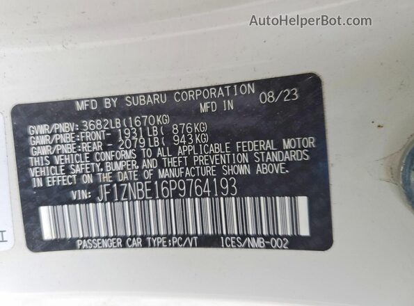 JF1ZNBE16P9764193 2023 TOYOTA GR White Widok naklejki z numerem VIN