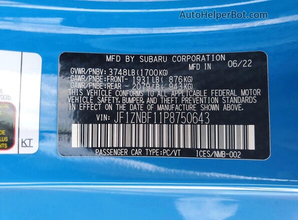 JF1ZNBF11P8750643 2023 TOYOTA GR86 Blue Widok naklejki z numerem VIN
