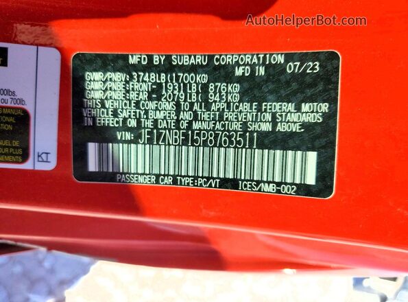 JF1ZNBF15P8763511 2023 TOYOTA GR Red Vista del compartimento del motor