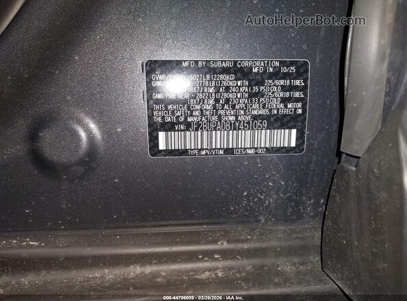 JF2BUPAD8TY451059 2026 SUBARU OUTBACK Gray Engine compartment view