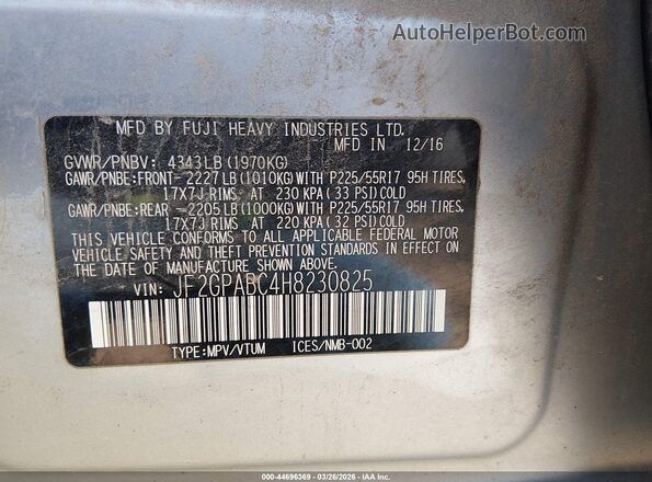JF2GPABC4H8230825 2017 SUBARU CROSSTREK Silver Widok komory silnika