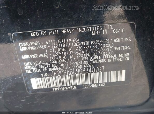 JF2GPABC9G8340767 2016 SUBARU CROSSTREK Black Widok komory silnika