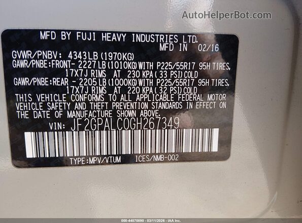 JF2GPALC0GH267349 2016 SUBARU CROSSTREK Green Vista del compartimento del motor