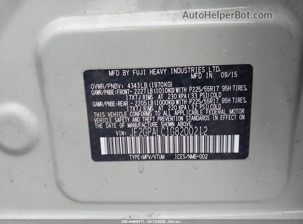 JF2GPALC1G8200212 2016 SUBARU CROSSTREK Cream ძრავის განყოფილების ხედი