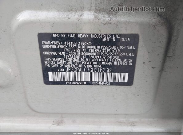 JF2GPALC7GH216236 2016 SUBARU CROSSTREK Green Շարժիչի բաժամունքի տեսք