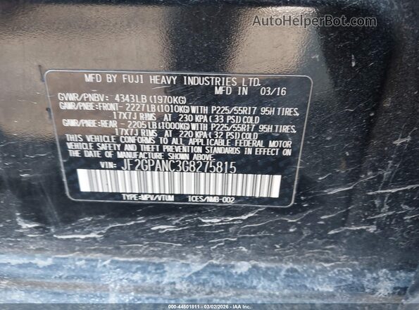 JF2GPANC3G8275815 2016 SUBARU CROSSTREK Black ძრავის განყოფილების ხედი