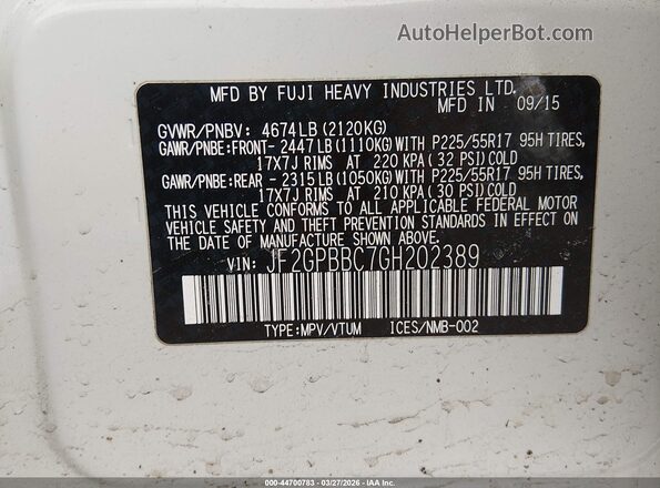 JF2GPBBC7GH202389 2016 SUBARU CROSSTREK HYBRID White Вид підкапотного простору
