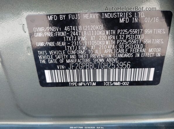 JF2GPBBC7GH253956 2016 SUBARU CROSSTREK HYBRID Gray Вид підкапотного простору