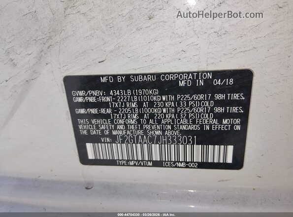 JF2GTAAC7JH333031 2018 SUBARU CROSSTREK Yellow Vista del compartimento del motor