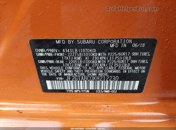 JF2GTABC0KH212230 2019 SUBARU CROSSTREK Оранжевый Вид подкапотного пространства