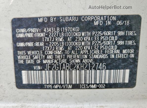 JF2GTABC2KH212746 2019 SUBARU CROSSTREK White 