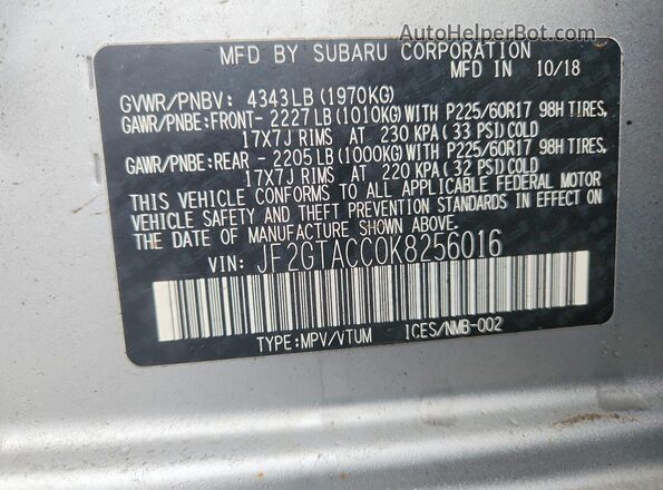 JF2GTACC0K8256016 2019 SUBARU CROSSTREK Серебряный 