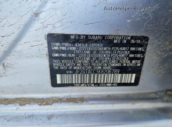 JF2GTACC3K8206789 2019 SUBARU CROSSTREK Серебряный 