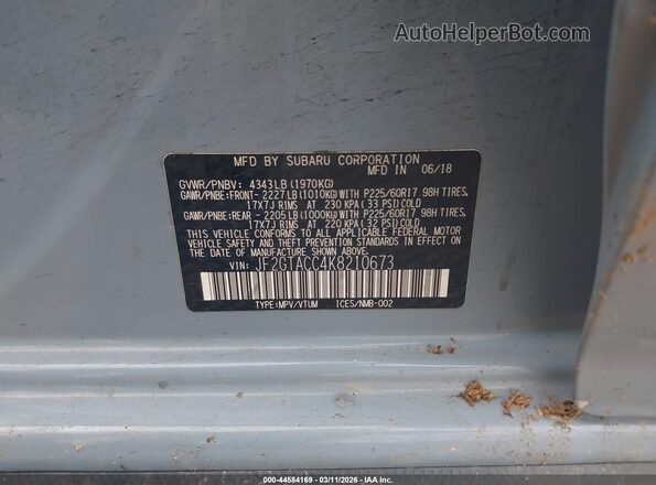 JF2GTACC4K8210673 2019 SUBARU CROSSTREK Light Blue 