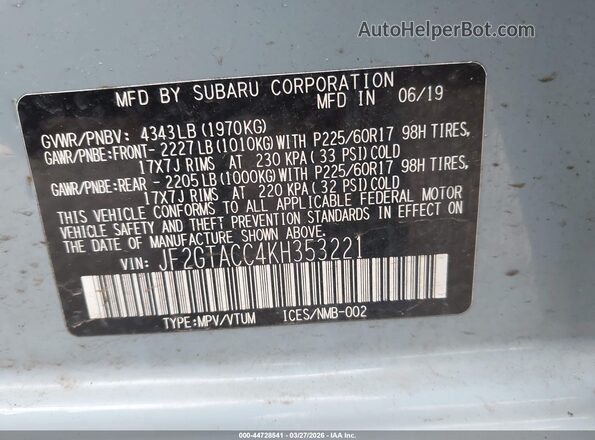 JF2GTACC4KH353221 2019 SUBARU CROSSTREK Blue 