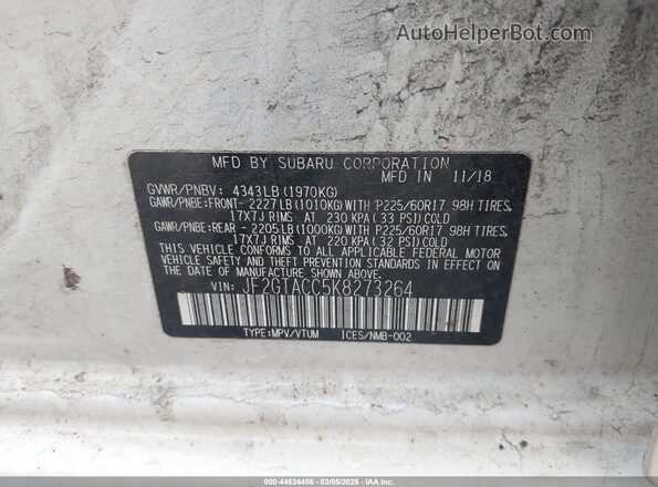 JF2GTACC5K8273264 2019 SUBARU CROSSTREK White Engine compartment view