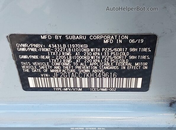 JF2GTACC7KH349616 2019 SUBARU CROSSTREK Light Blue ძრავის განყოფილების ხედი