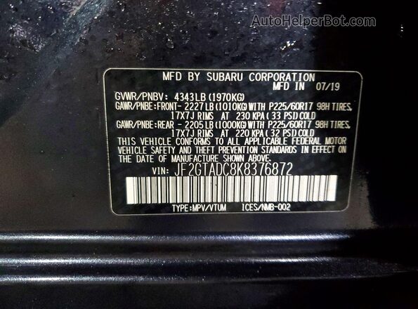 JF2GTADC8K8376872 2019 SUBARU CROSSTREK Charcoal 