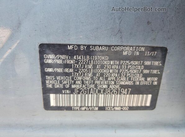 JF2GTADCXJ8261947 2018 SUBARU CROSSTREK Синий Вид наклейки с VIN-кодом