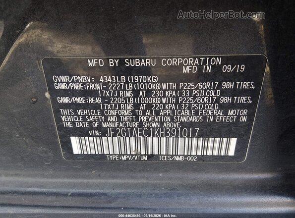 JF2GTAEC1KH391017 2019 SUBARU CROSSTREK Gray Widok komory silnika