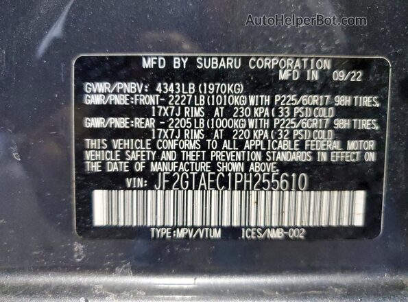 JF2GTAEC1PH255610 2023 SUBARU CROSSTREK Gray VIN კოდის სტიკერის ხედი