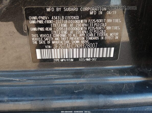 JF2GTAEC2KH328007 2019 SUBARU CROSSTREK Gray 