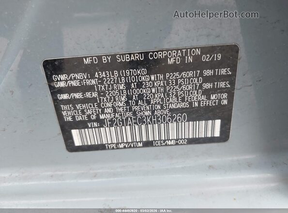 JF2GTAEC3KH306260 2019 SUBARU CROSSTREK Blue 