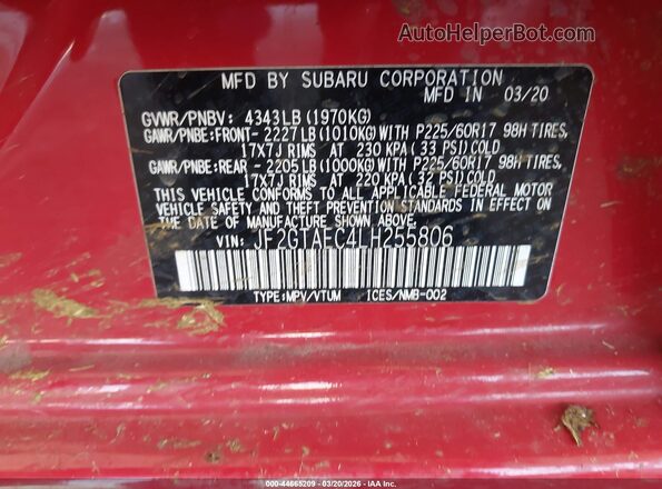 JF2GTAEC4LH255806 2020 SUBARU CROSSTREK Red Շարժիչի բաժամունքի տեսք