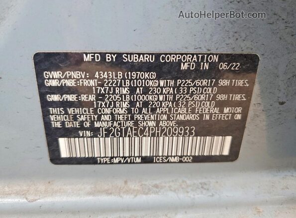 JF2GTAEC4PH209933 2023 SUBARU CROSSTREK Синий Вид наклейки с VIN-кодом