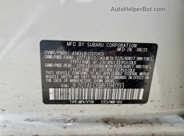 JF2GTAEC6MH394093 2021 SUBARU CROSSTREK Белый Вид наклейки с VIN-кодом