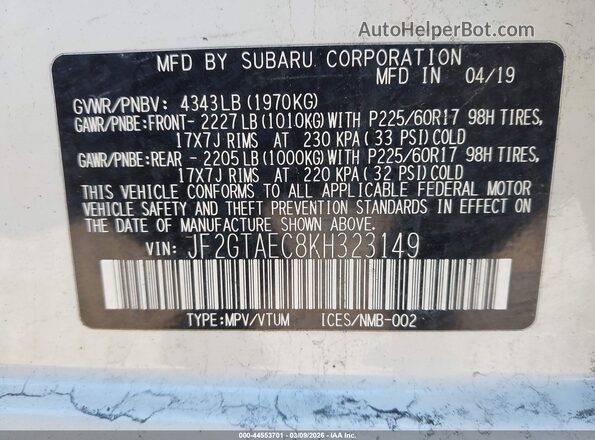 JF2GTAEC8KH323149 2019 SUBARU CROSSTREK Белый 