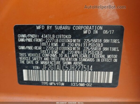 JF2GTALC5JH227514 2018 SUBARU CROSSTREK Orange Vista del compartimento del motor