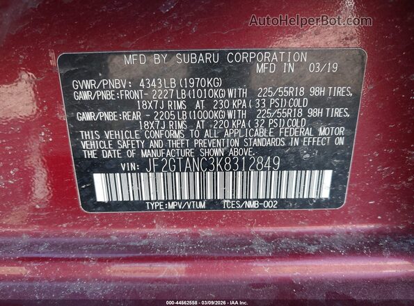JF2GTANC3K8312849 2019 SUBARU CROSSTREK Red 