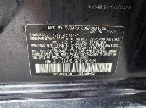 JF2GTANC6K8306494 2019 SUBARU CROSSTREK Charcoal 