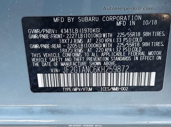 JF2GTANC6KH259872 2019 SUBARU CROSSTREK Light Blue 