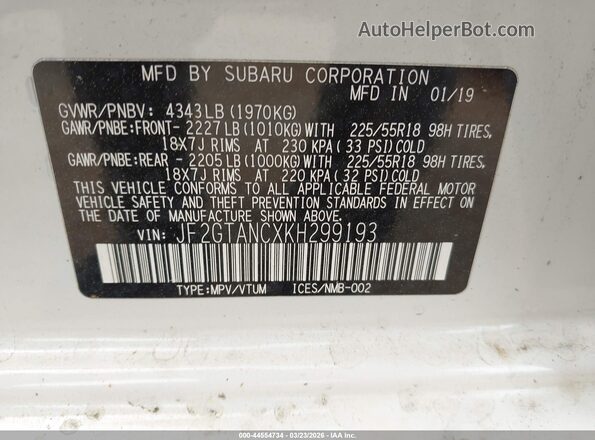 JF2GTANCXKH299193 2019 SUBARU CROSSTREK Белый 
